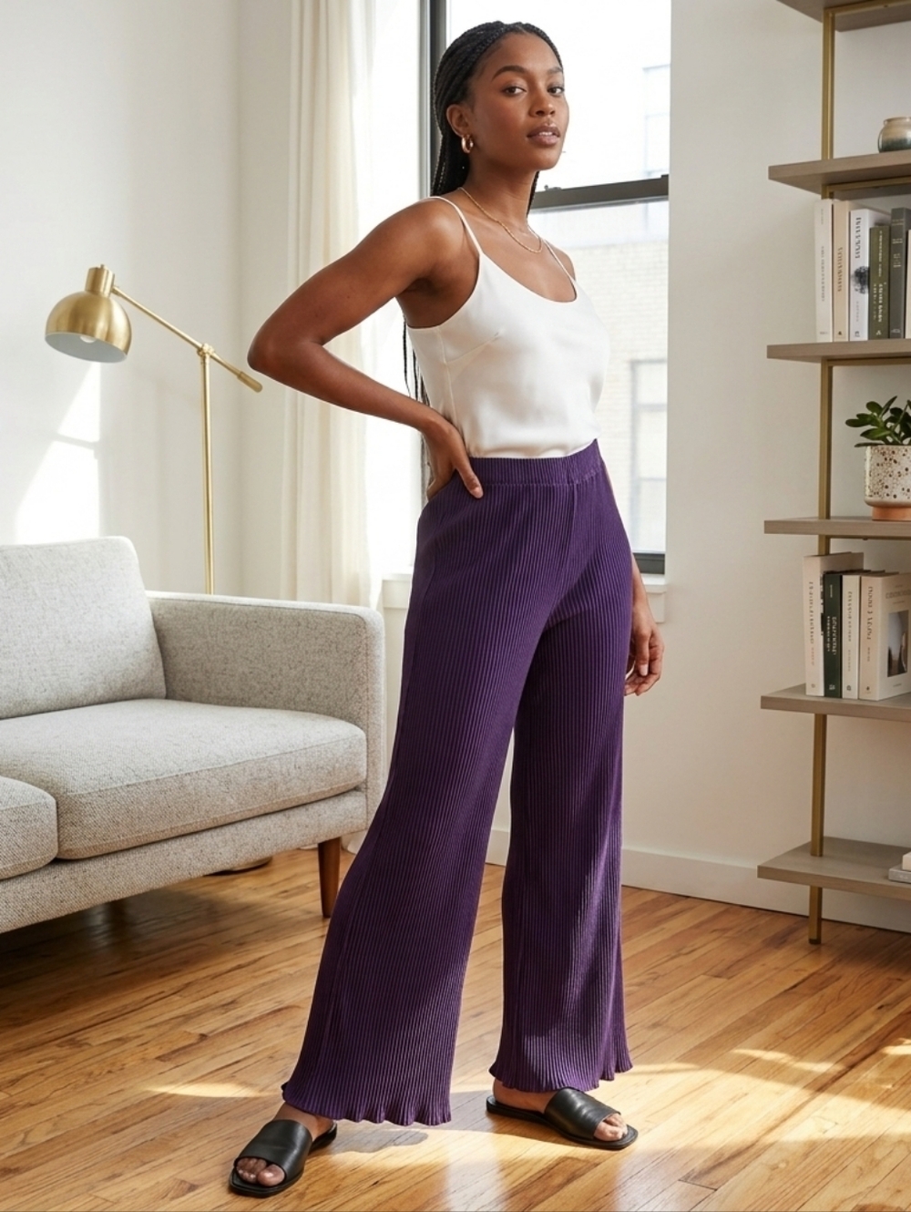 ONA Purple Pleated Wide-Leg Ribbed Pants Size Small / Medium